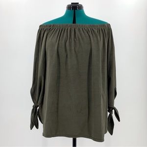 Peppermint Moss Green Microsuede Off-the-Shoulder 3/4 Tie Sleeve Top, Medium